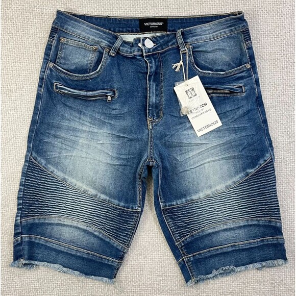NEW Victorious Denim Jean Shorts Mens 36 Stretch Moto Blue Skater Hip Hop Grunge - Picture 1 of 8